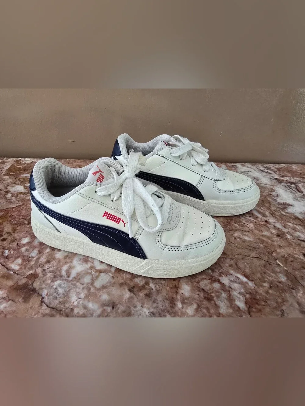 Puma Kids White Sneakers with Red Logo Accents Size 1C